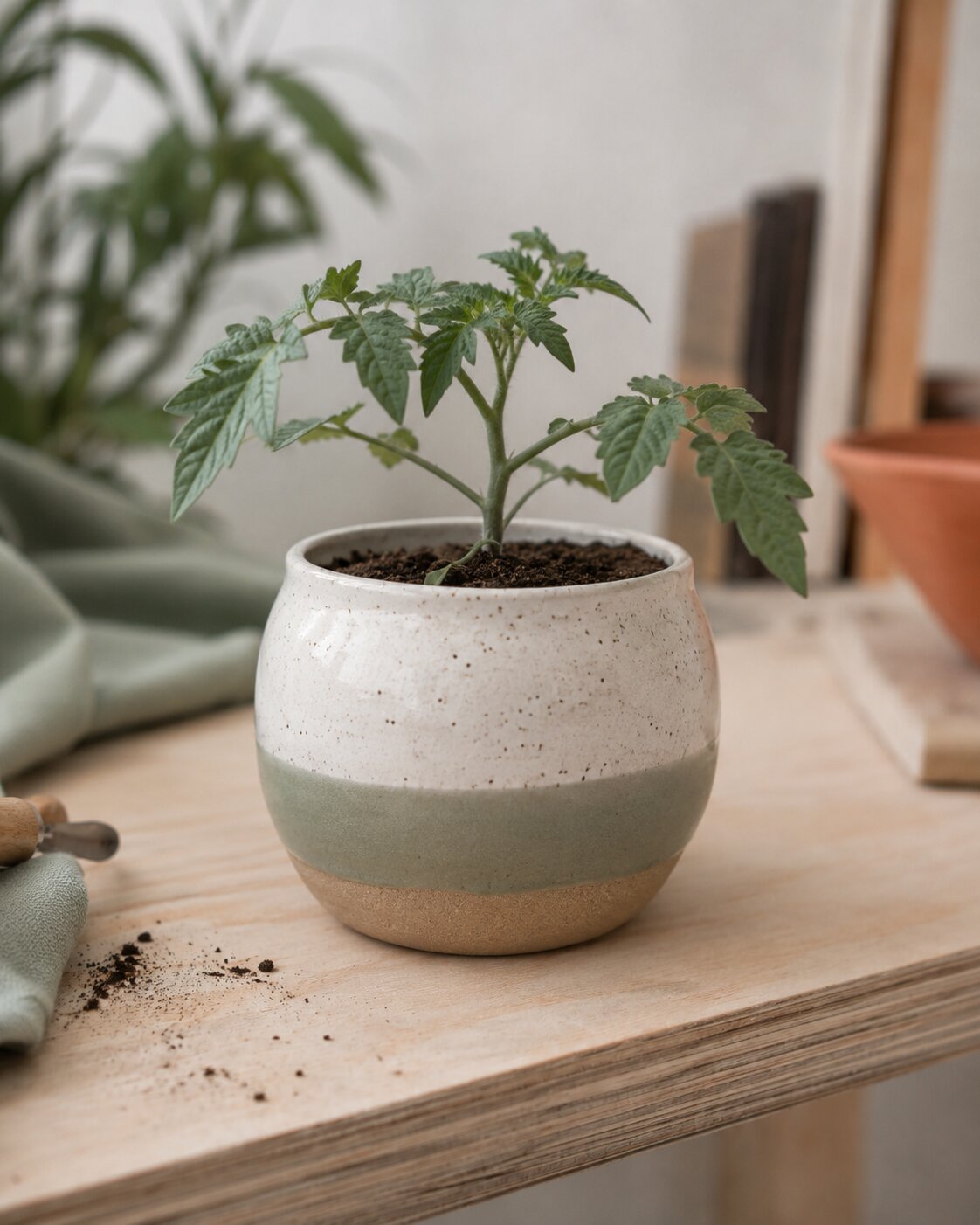 Plant start growing in a sage dipped studio planter
