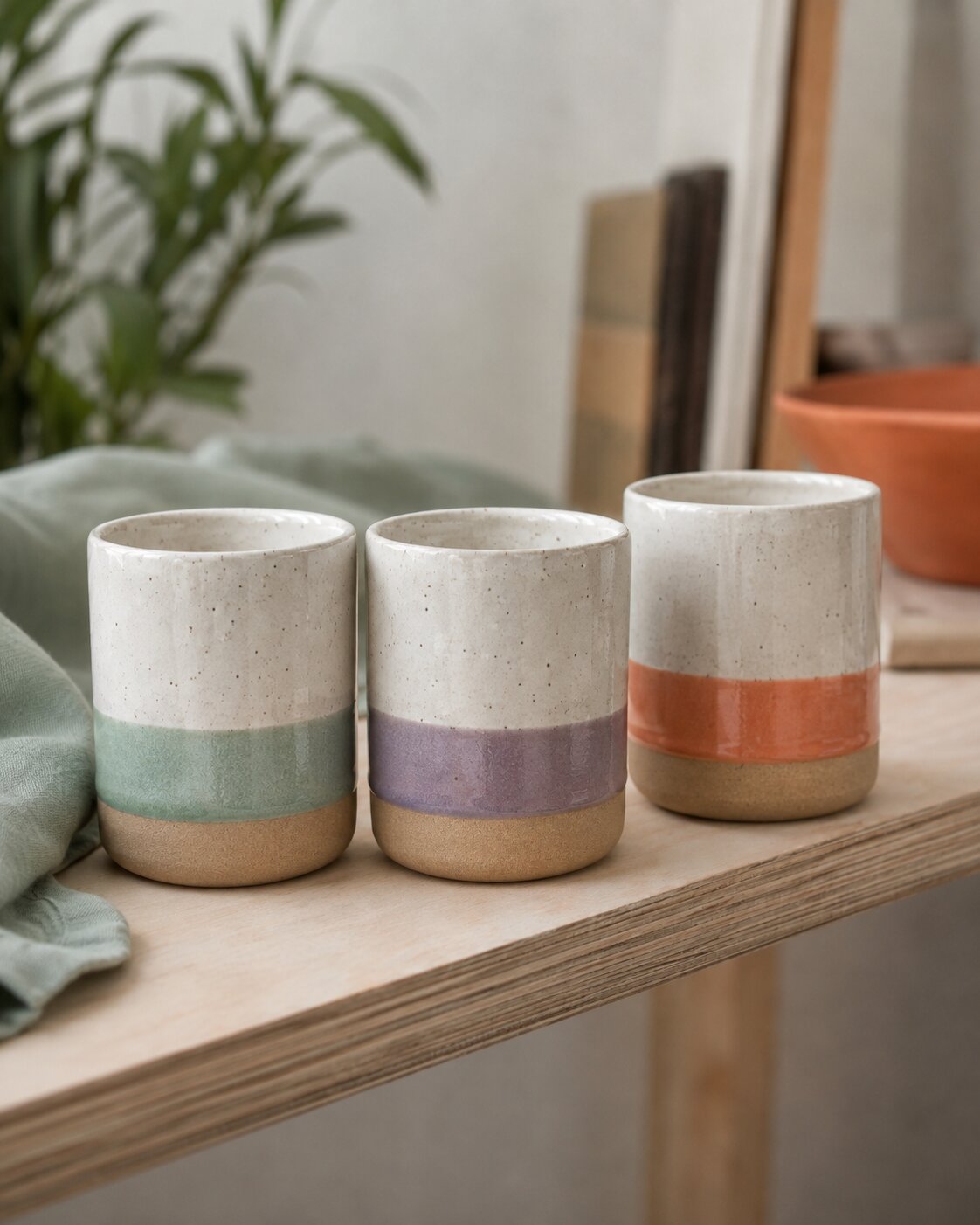 Three wheel-thrown tumblers in mint, lavender and coral dip glazes on a studio bench